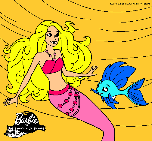 Dibujo Barbie sirena con su amiga pez pintado por Zahi