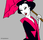 Dibujo Geisha con paraguas pintado por geisha