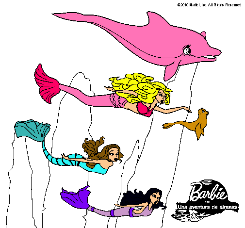 Dibujo Barbie nadando con sirenas pintado por Zahi
