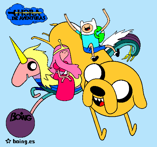 Dibujo Jake, Finn, la princesa Chicle y Lady Arco Iris pintado por dizzy