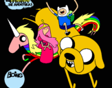 Dibujo Jake, Finn, la princesa Chicle y Lady Arco Iris pintado por Bryna