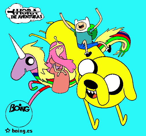 Dibujo Jake, Finn, la princesa Chicle y Lady Arco Iris pintado por Finn
