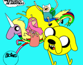 Dibujo Jake, Finn, la princesa Chicle y Lady Arco Iris pintado por Finn