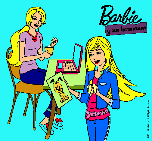 Dibujo de Barbie y su hermana merendando pintado por Rousmery en Dibujos net el día a