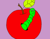 Dibujo Manzana con gusano pintado por pecina