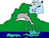 Dibujo Delfín y gaviota pintado por delfines