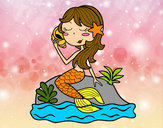 Dibujo Sirena sentada en una roca con una caracola pintado por megacool