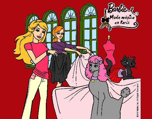 Dibujo Barbie y su amiga mirando ropa pintado por mirela 