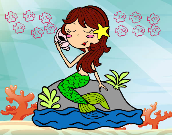 Dibujo Sirena sentada en una roca con una caracola pintado por ALBA123 