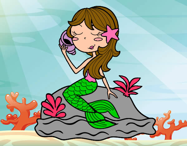 Dibujo Sirena sentada en una roca con una caracola pintado por Annie963