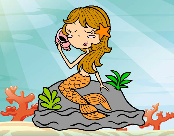 Dibujo Sirena sentada en una roca con una caracola pintado por bellasawn