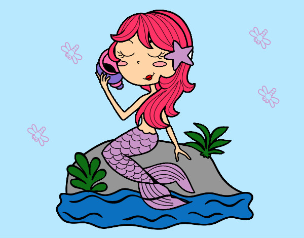 Dibujo Sirena sentada en una roca con una caracola pintado por Daageer 