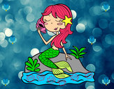 Dibujo Sirena sentada en una roca con una caracola pintado por SIRENAS