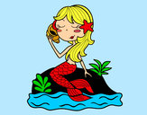 Dibujo Sirena sentada en una roca con una caracola pintado por valero2992