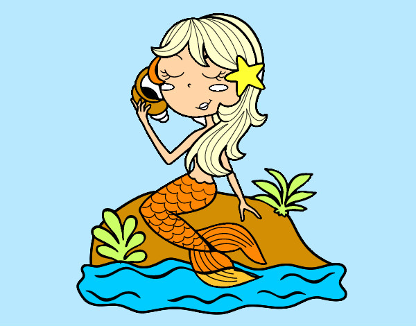Dibujo Sirena sentada en una roca con una caracola pintado por irenecool
