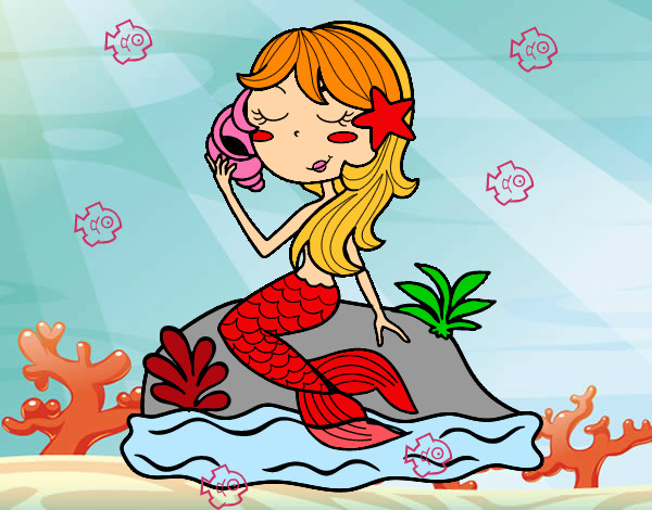 Dibujo Sirena sentada en una roca con una caracola pintado por leyla123