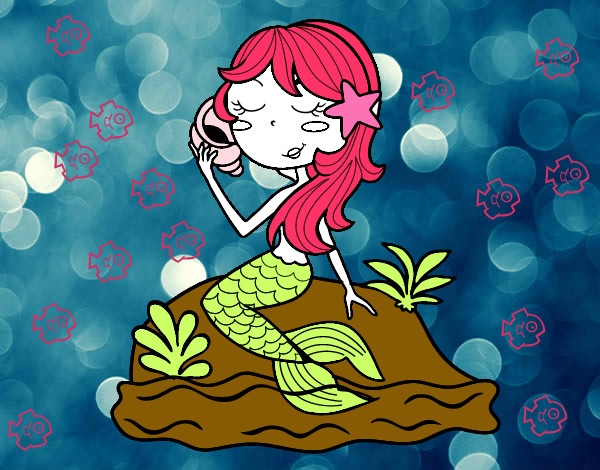 Dibujo Sirena sentada en una roca con una caracola pintado por mori-alone