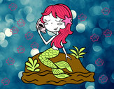 Dibujo Sirena sentada en una roca con una caracola pintado por mori-alone