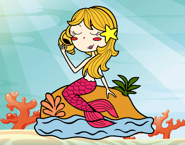 Dibujo Sirena sentada en una roca con una caracola pintado por 01234