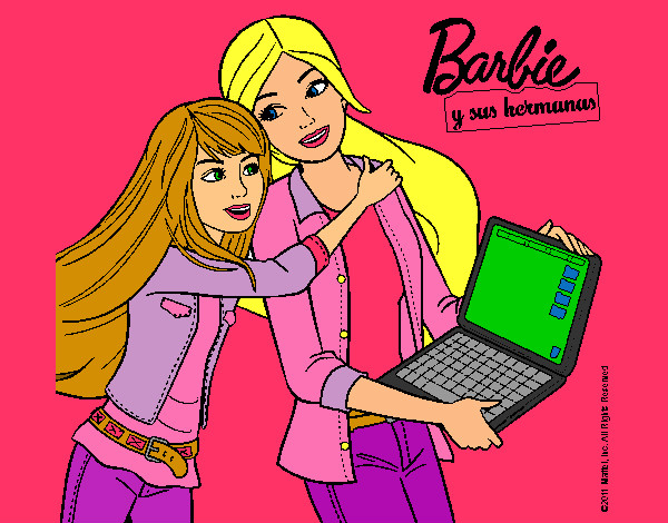 barbie entregándole un portátil a su hermana