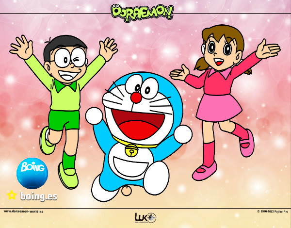 Dibujo Doraemon y amigos pintado por ventana
