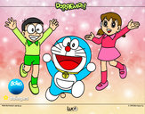 Dibujo Doraemon y amigos pintado por ventana