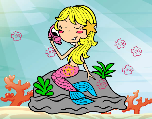 Dibujo Sirena sentada en una roca con una caracola pintado por AylenClari