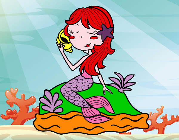 Dibujo Sirena sentada en una roca con una caracola pintado por EPUL