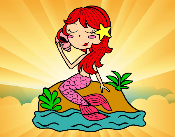 Dibujo Sirena sentada en una roca con una caracola pintado por adri-love