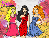 Dibujo Barbie y sus amigas vestidas de fiesta pintado por -Alejandra
