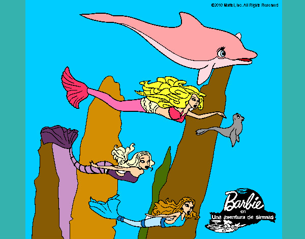 Dibujo Barbie nadando con sirenas pintado por fati07