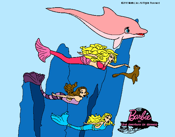 Dibujo Barbie nadando con sirenas pintado por MeliBarbie