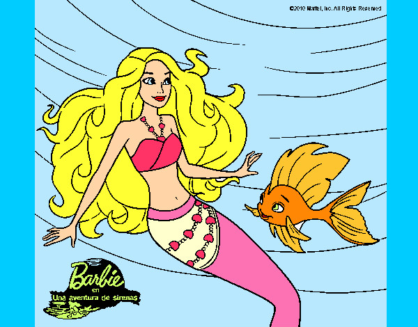 Dibujo Barbie sirena con su amiga pez pintado por fati07