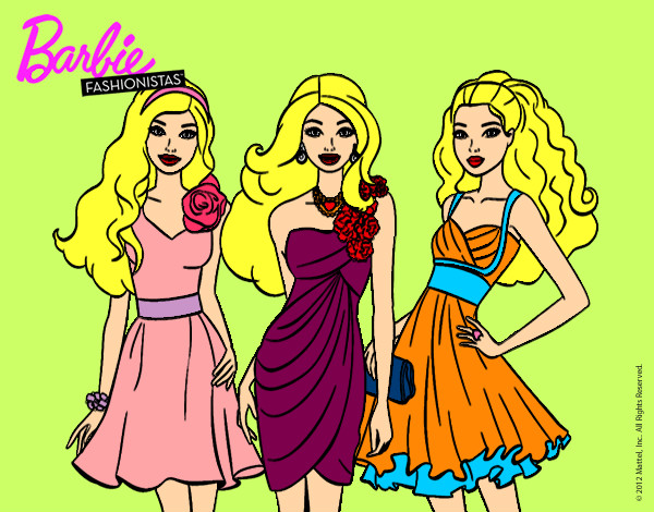 Dibujo Barbie y sus amigas vestidas de fiesta pintado por Helga