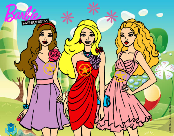 Dibujo Barbie y sus amigas vestidas de fiesta pintado por Yanii