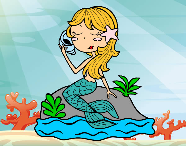 Dibujo Sirena sentada en una roca con una caracola pintado por milagros16
