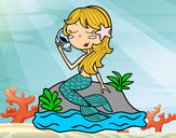 Dibujo Sirena sentada en una roca con una caracola pintado por milagros16