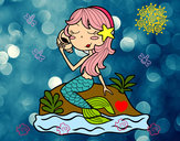 Dibujo Sirena sentada en una roca con una caracola pintado por paiia