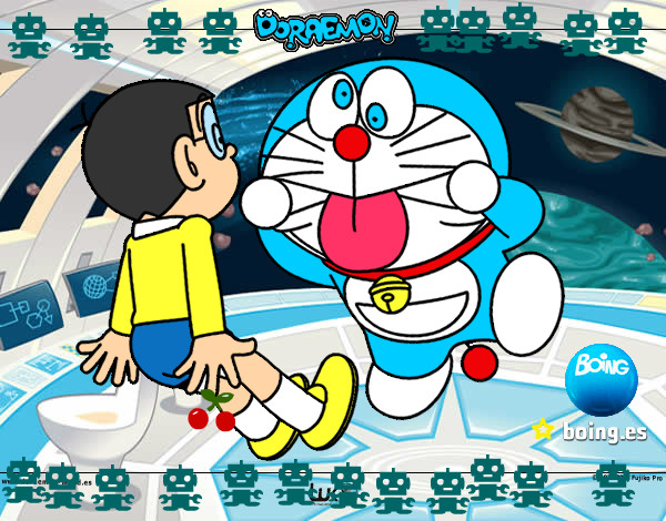 Doraemon en el espacio haciendo el tonto con novita