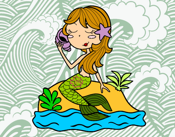Dibujo Sirena sentada en una roca con una caracola pintado por Valentinad