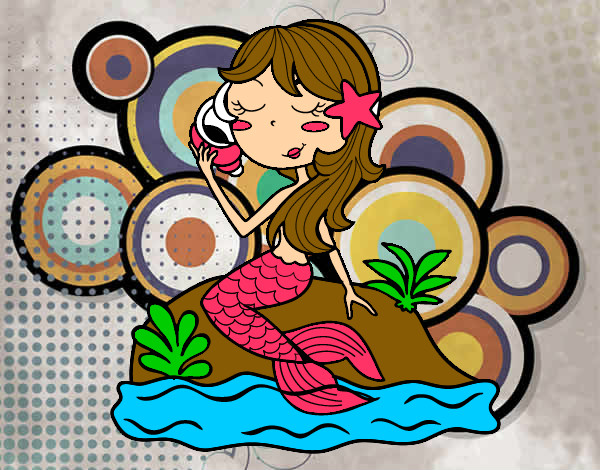 Dibujo Sirena sentada en una roca con una caracola pintado por valemanu