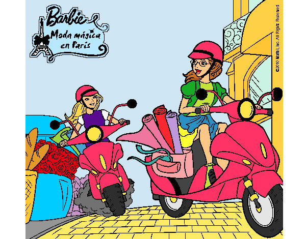 Dibujo Barbie y su amiga en moto 1 pintado por Lin187