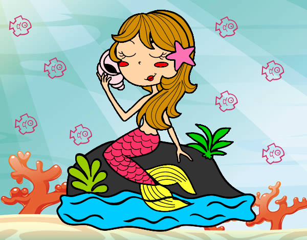 Dibujo Sirena sentada en una roca con una caracola pintado por carlyamile