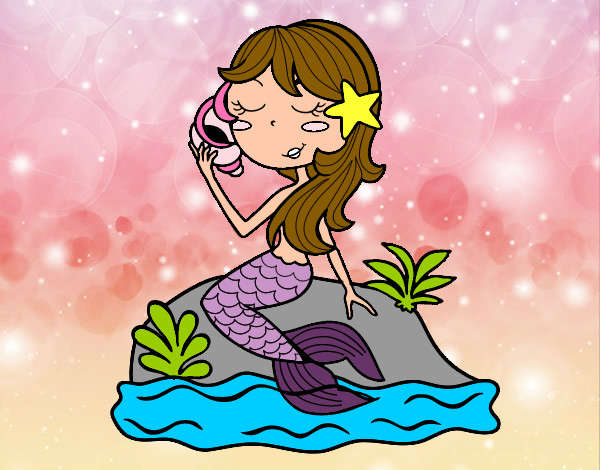 Dibujo Sirena sentada en una roca con una caracola pintado por valer