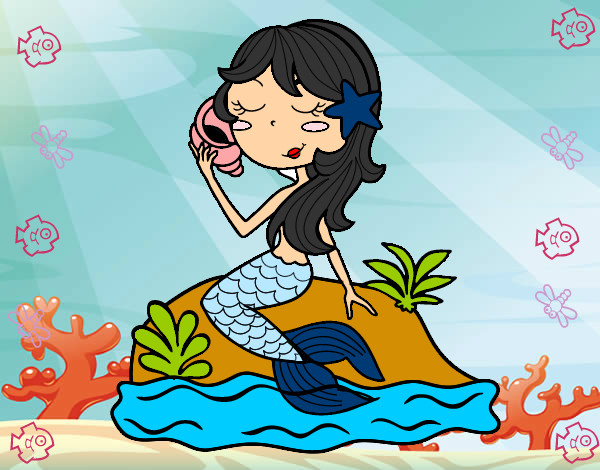 Dibujo Sirena sentada en una roca con una caracola pintado por heylin
