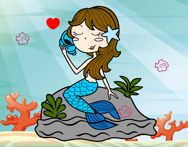 Dibujo Sirena sentada en una roca con una caracola pintado por maria2eco2