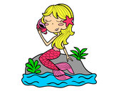 Dibujo Sirena sentada en una roca con una caracola pintado por alejan21