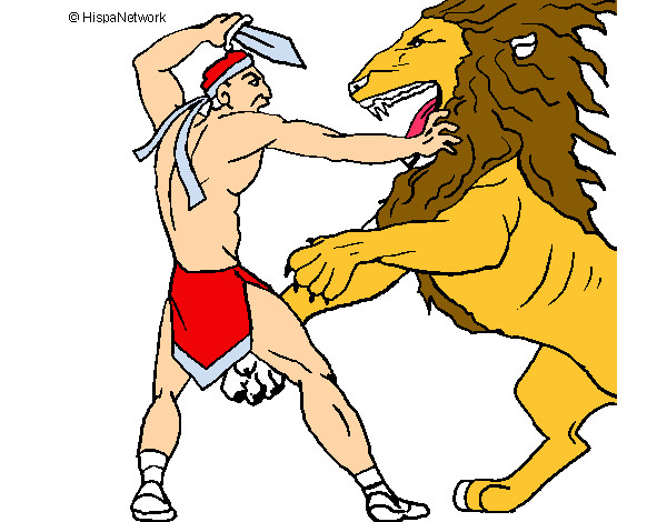 Dibujo Gladiador contra león pintado por peponcho