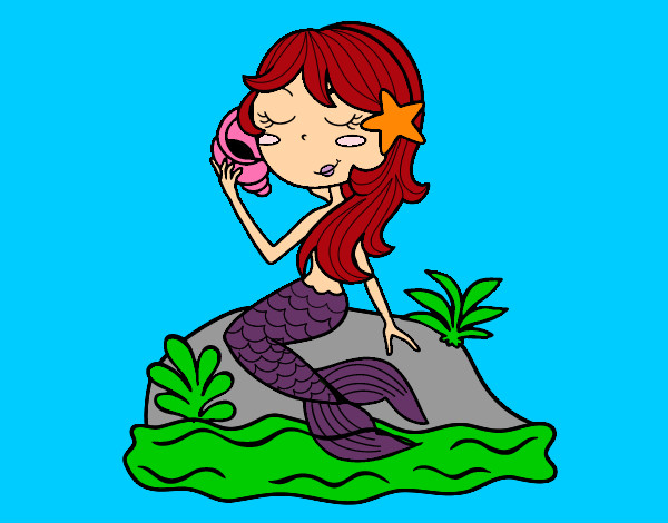 Dibujo Sirena sentada en una roca con una caracola pintado por janmafer