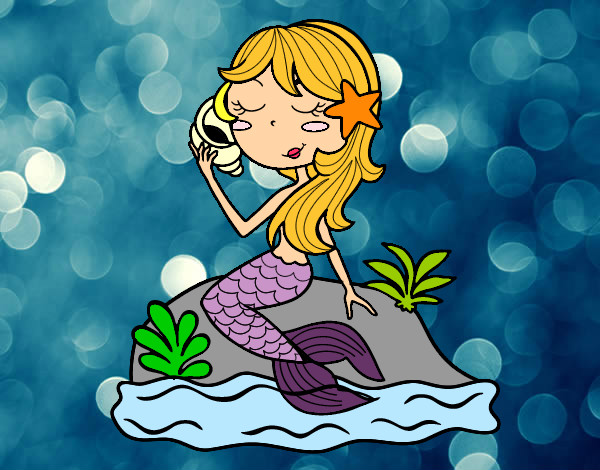 Dibujo Sirena sentada en una roca con una caracola pintado por reinanat9
